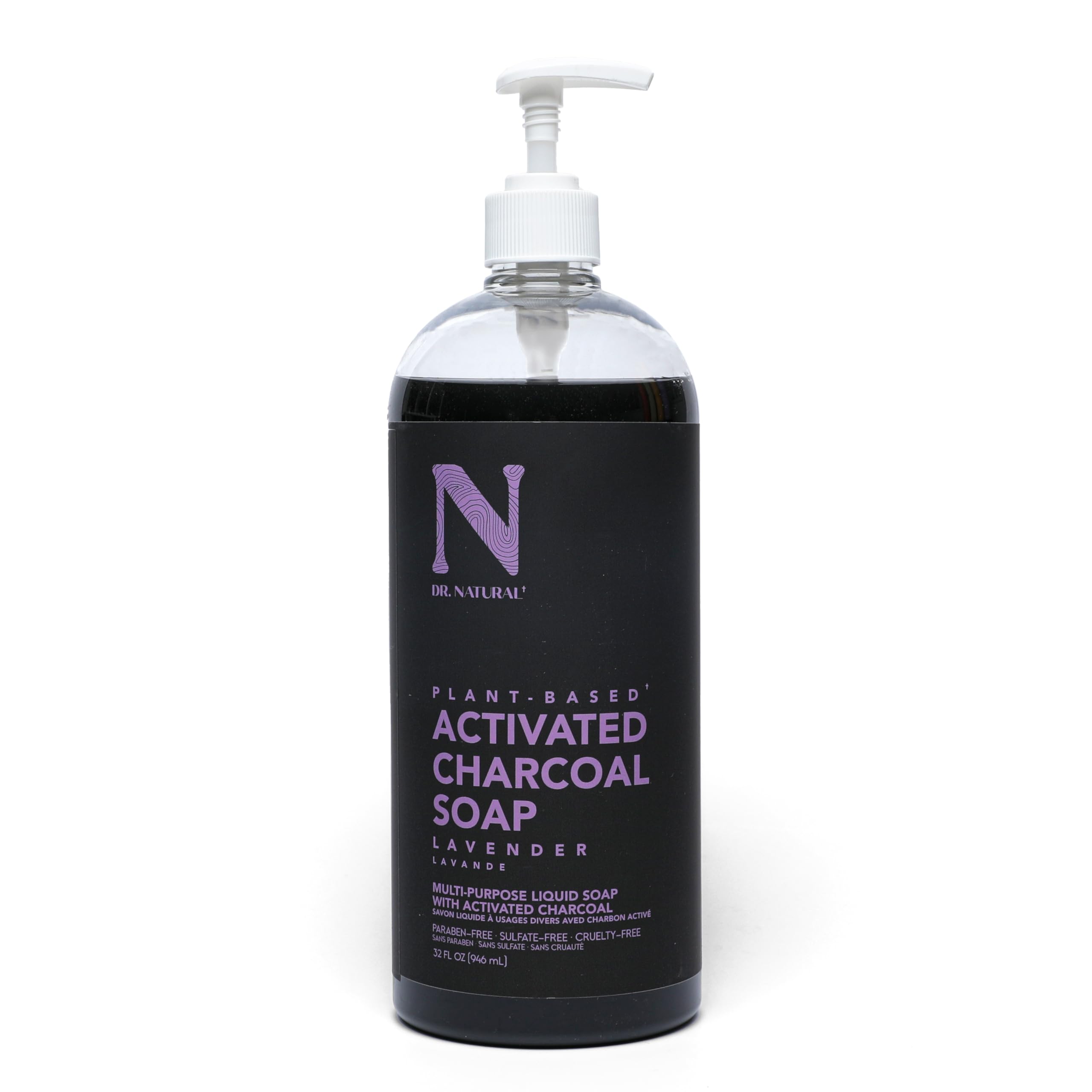 Dr Natural charcoal soap lavender bottle for refreshing cleansing