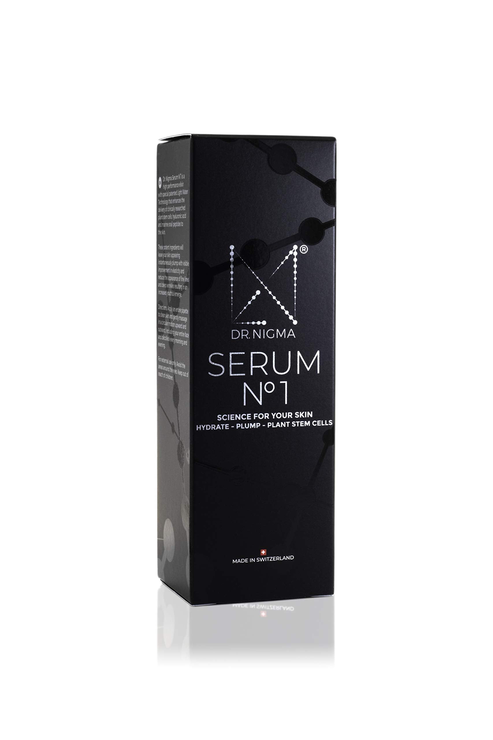 DR. Nigma Serum No 1 in hand, illustrating application for plump hydration