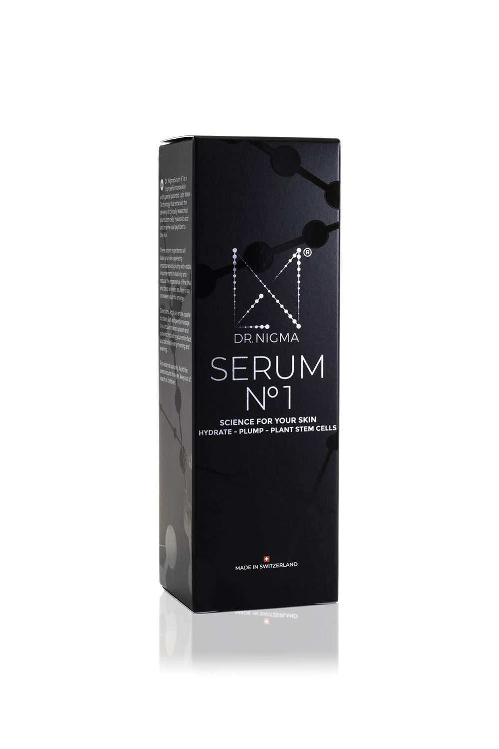 DR. Nigma Serum No 1 in hand, illustrating application for plump hydration
