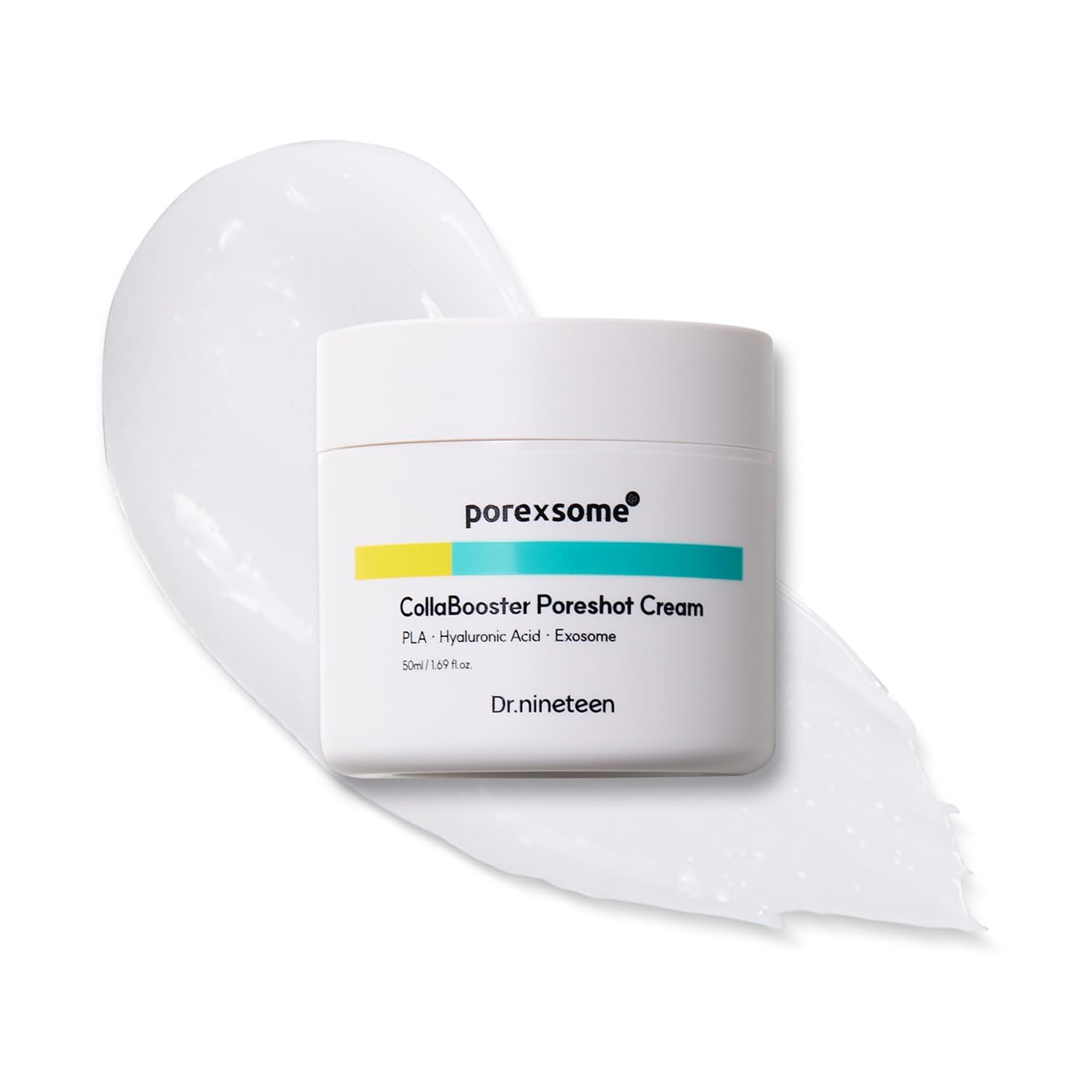 Dr.nineteen CollaBooster Poreshot Cream jar highlighting pore care and smoothing.