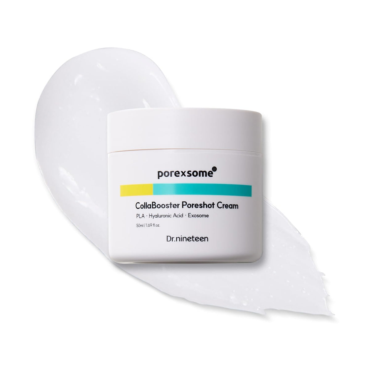 Dr.nineteen CollaBooster Poreshot Cream jar highlighting pore care and smoothing.