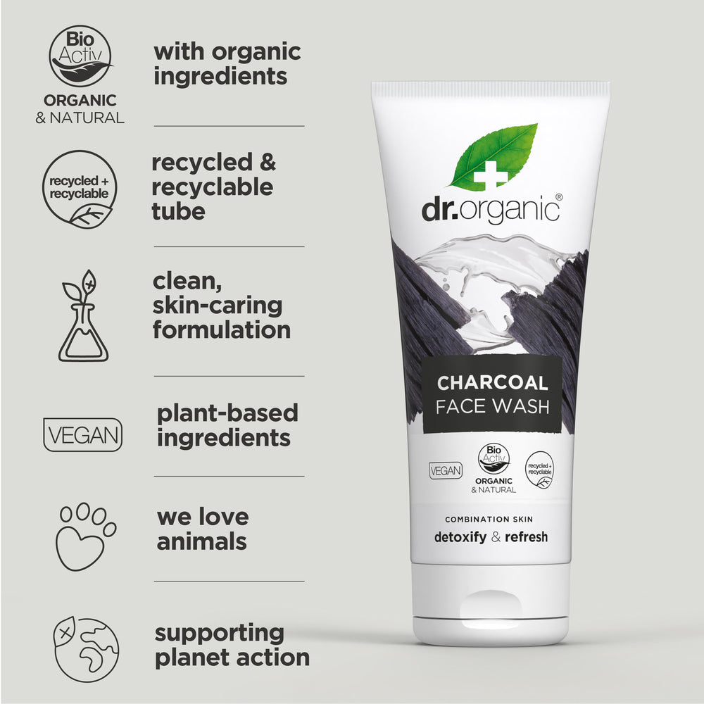 Close-up of activated charcoal texture in Dr Organic Face Wash