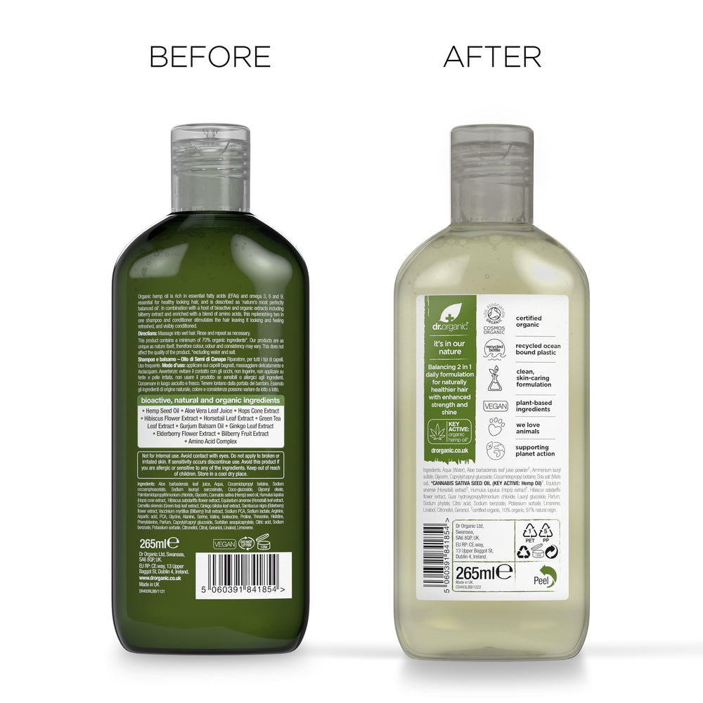 Hair after use shows subtle shine and healthy-looking finish from Dr Organic 2-in-1.