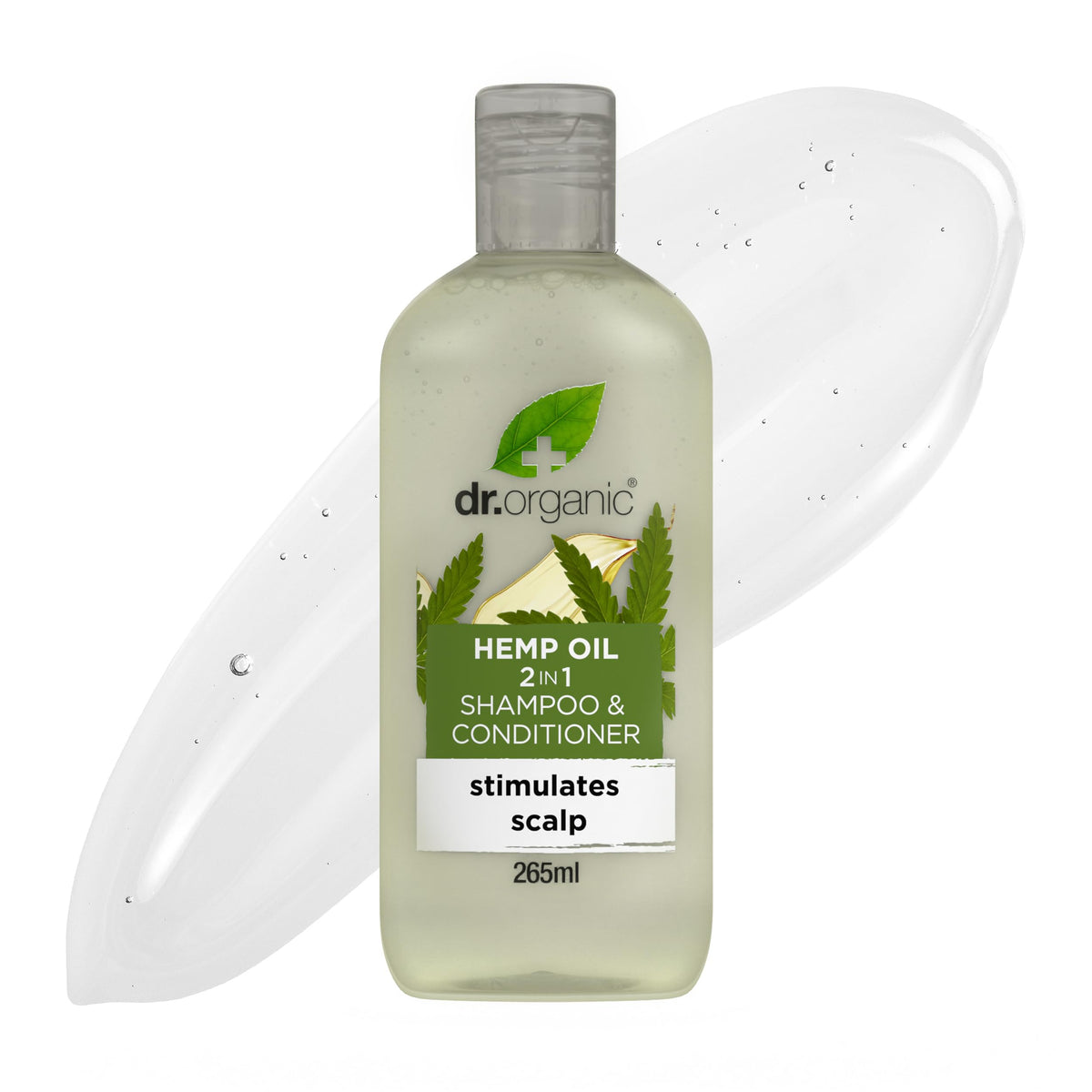 Dr Organic Hemp Oil 2-in-1 bottle shows the product designed for fine hair and balanced cleansing.