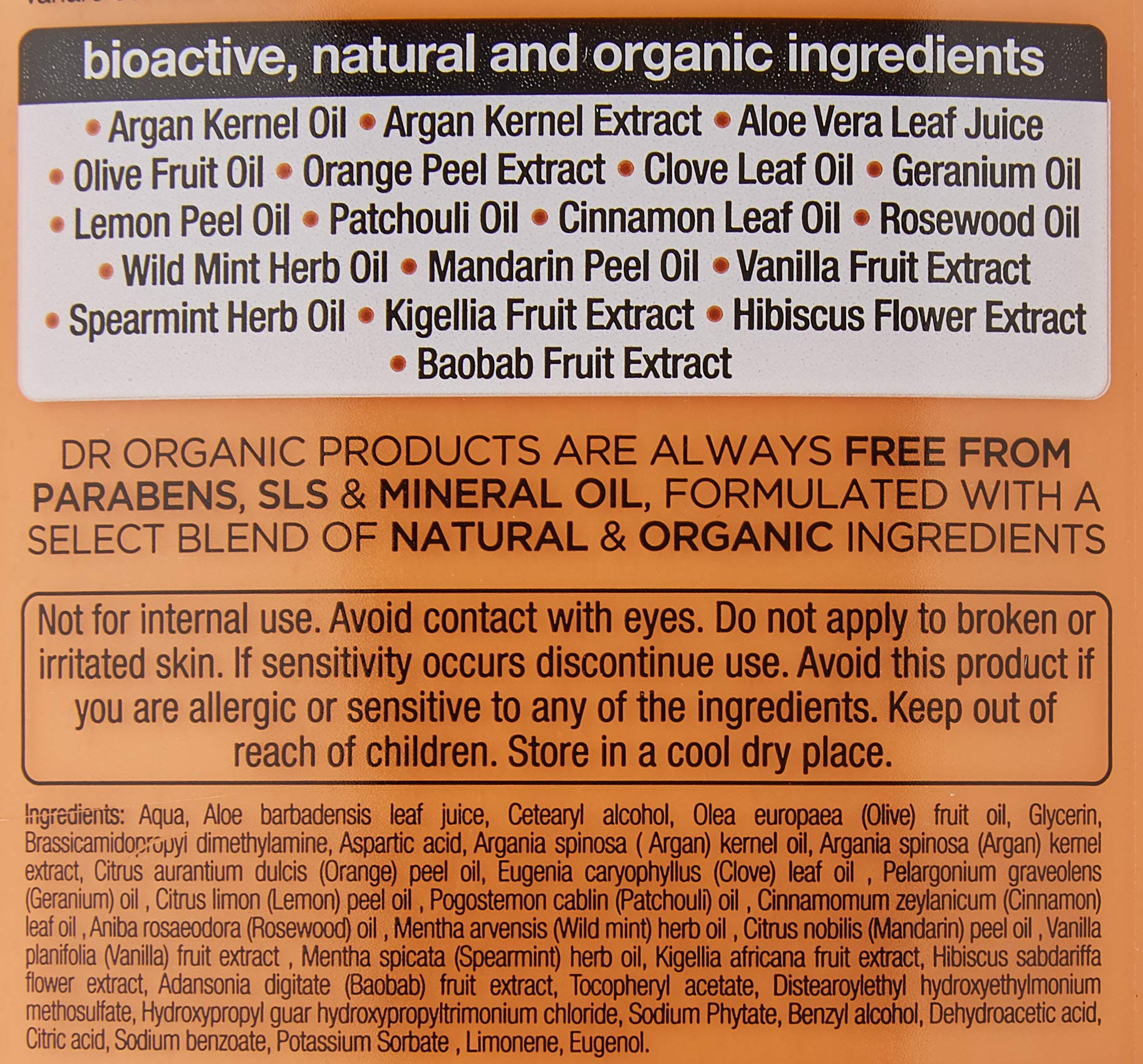 Dr. Organic Moroccan Argan Oil Conditioner ingredients close-up with argan oil