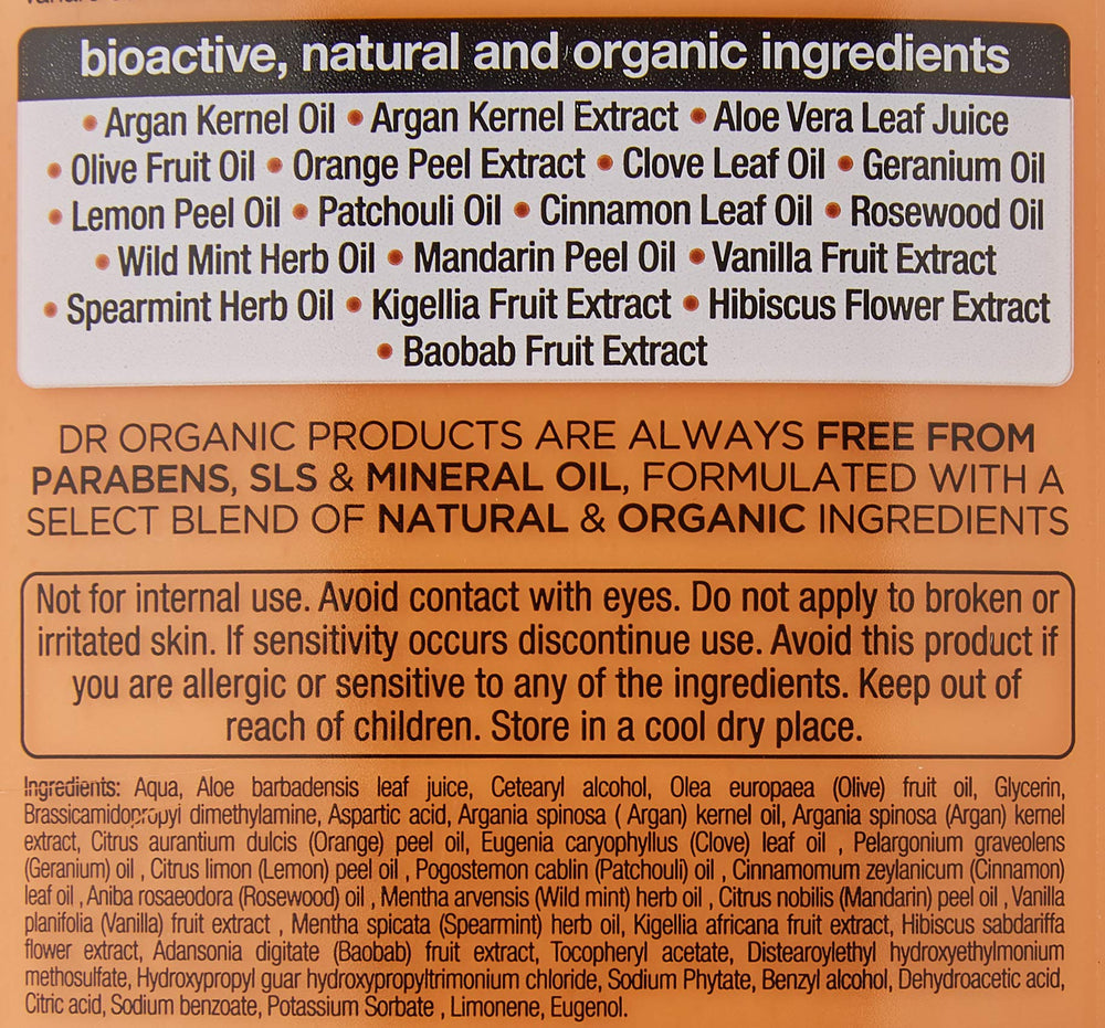 Dr. Organic Moroccan Argan Oil Conditioner ingredients close-up with argan oil