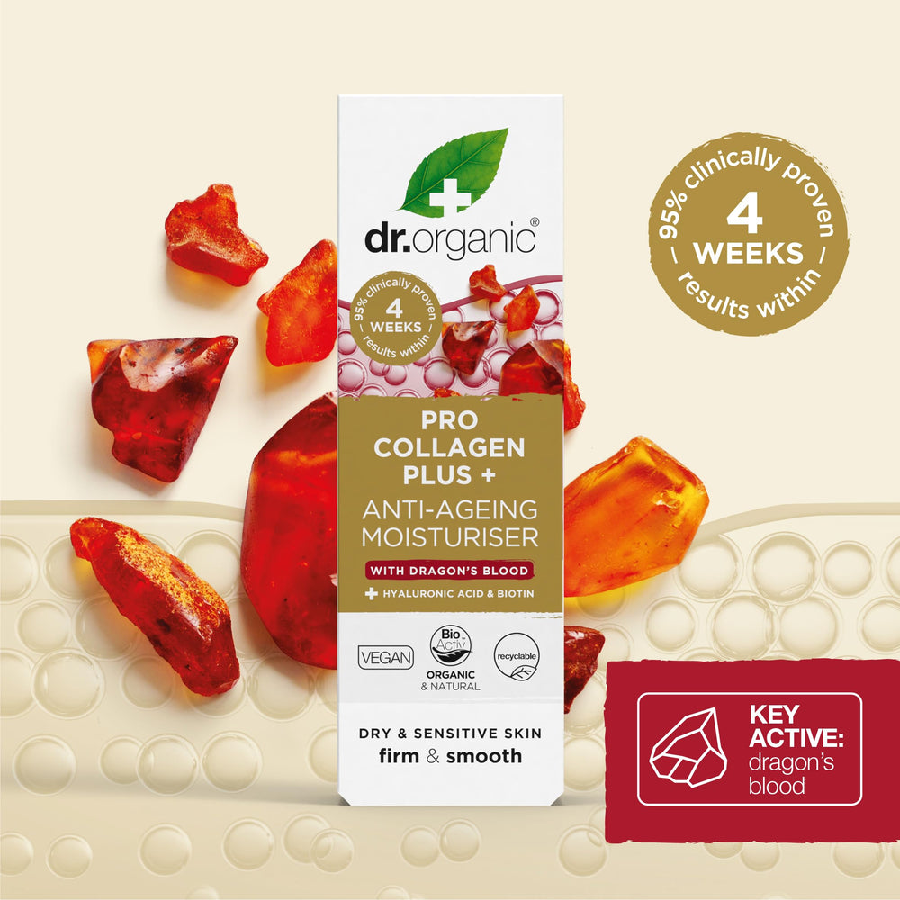 Dr. Organic Pro Collagen Plus cream texture on skin conveys soothing, hydrates dry skin.