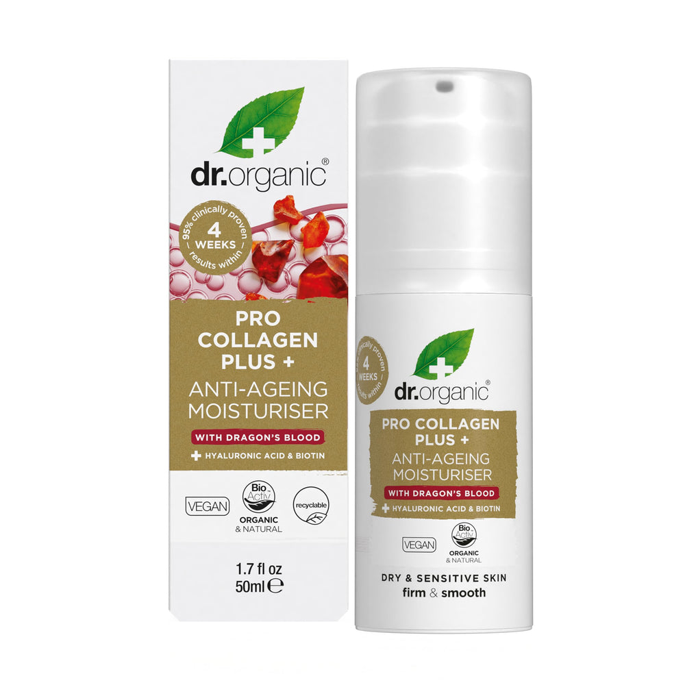 Dr. Organic Pro Collagen Plus Dragon's Blood bottle shown, offering deep hydration for dry skin.