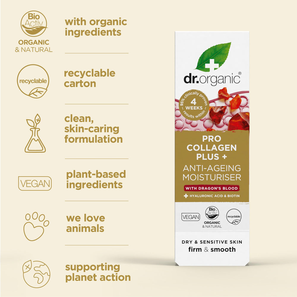 Dr. Organic Pro Collagen Plus Eco packaging with airless container promotes sustainable skincare.
