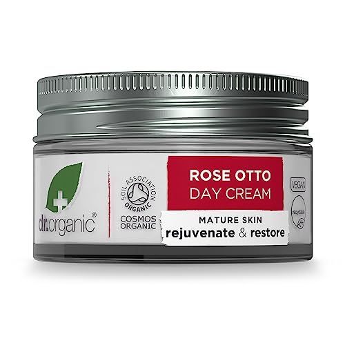 Dr. Organic Rose Otto Day Cream close-up on Rose Otto emphasizes nourishing botanicals.