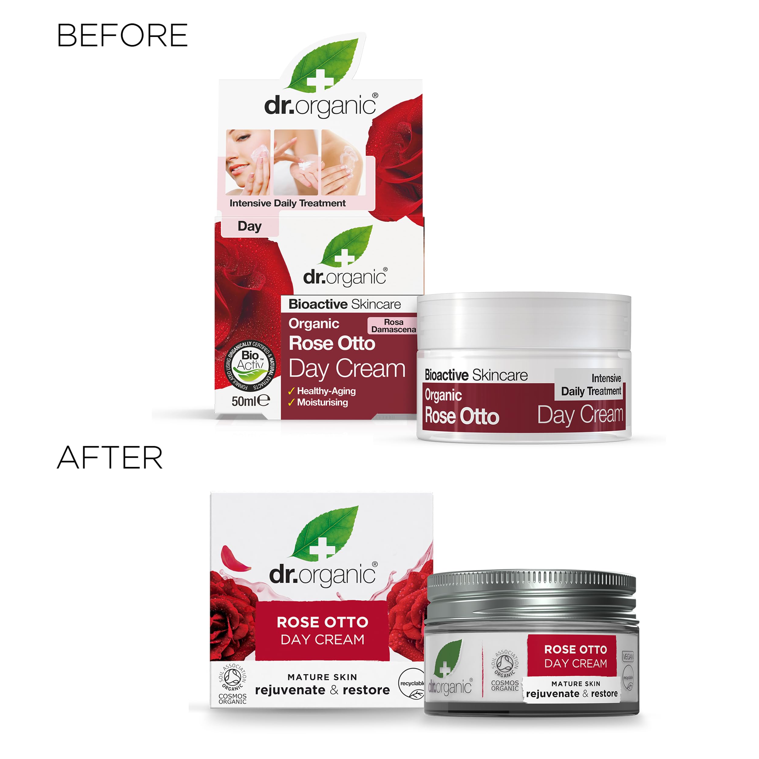 Dr. Organic Rose Otto Day Cream packaging shows no parabens or SLS.