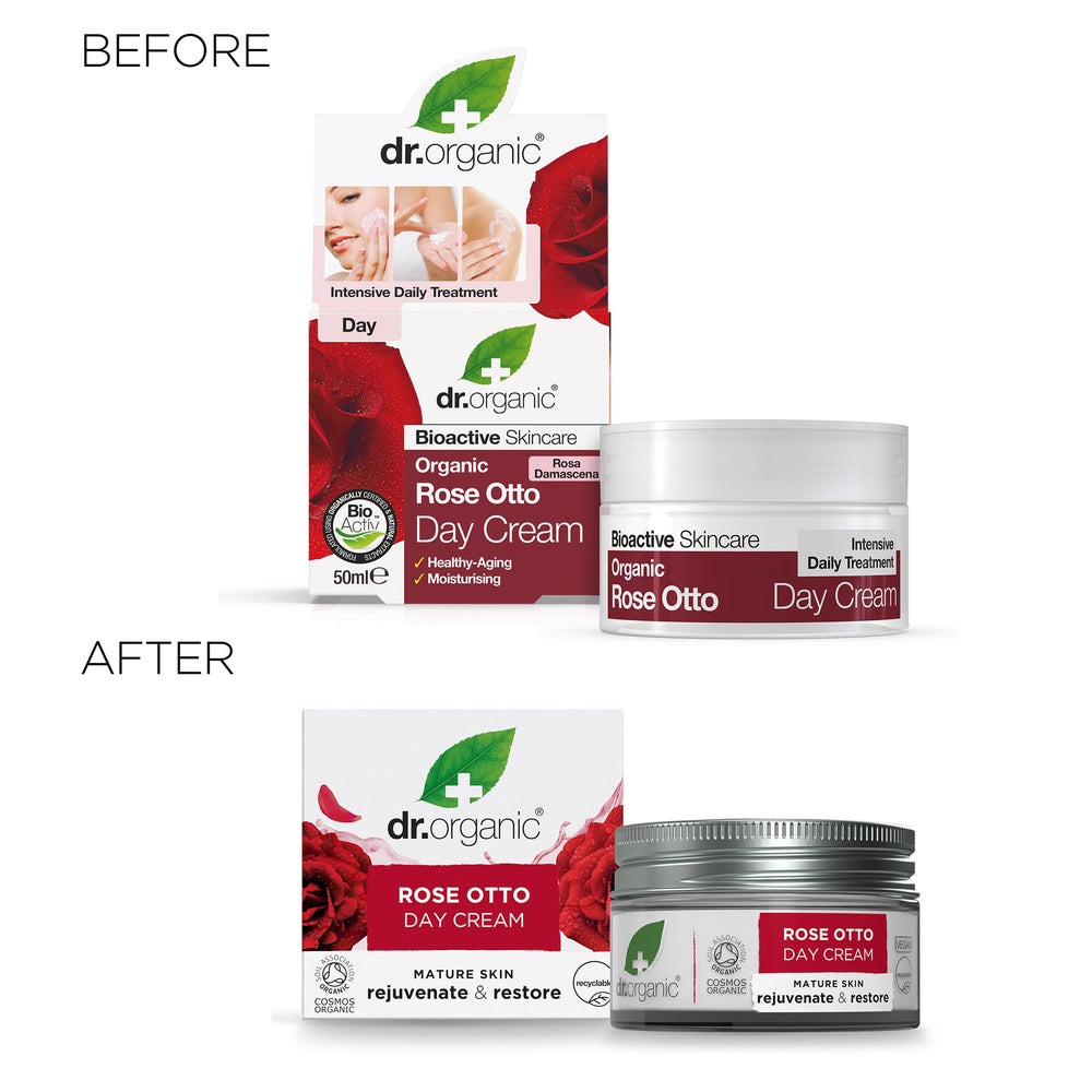 Dr. Organic Rose Otto Day Cream packaging shows no parabens or SLS.