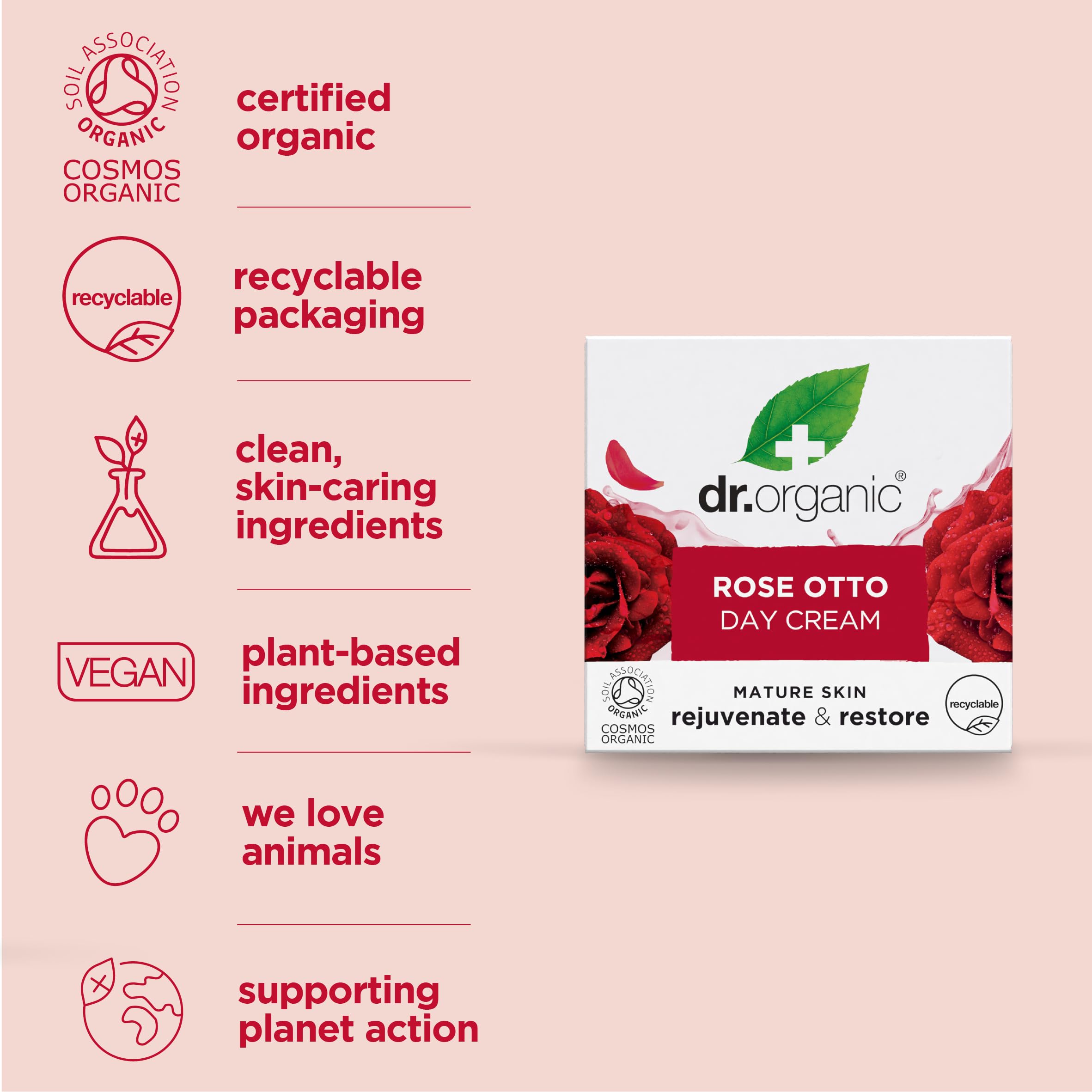 Dr. Organic Rose Otto Day Cream vegan cruelty-free certification symbol.