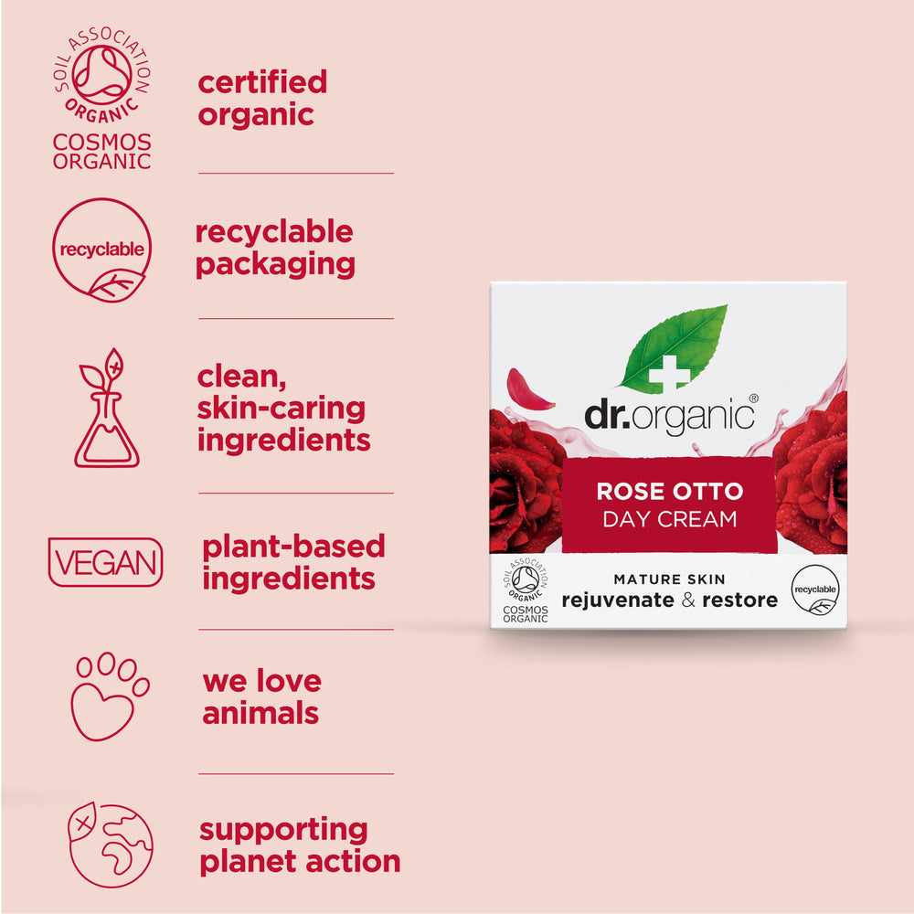 Dr. Organic Rose Otto Day Cream vegan cruelty-free certification symbol.