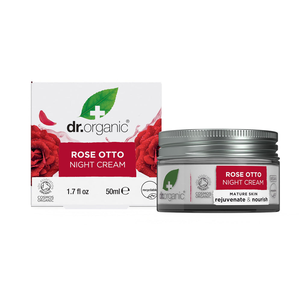 Dr Organic Rose Otto Night Cream bottle showcasing rich hydration for nightly routine