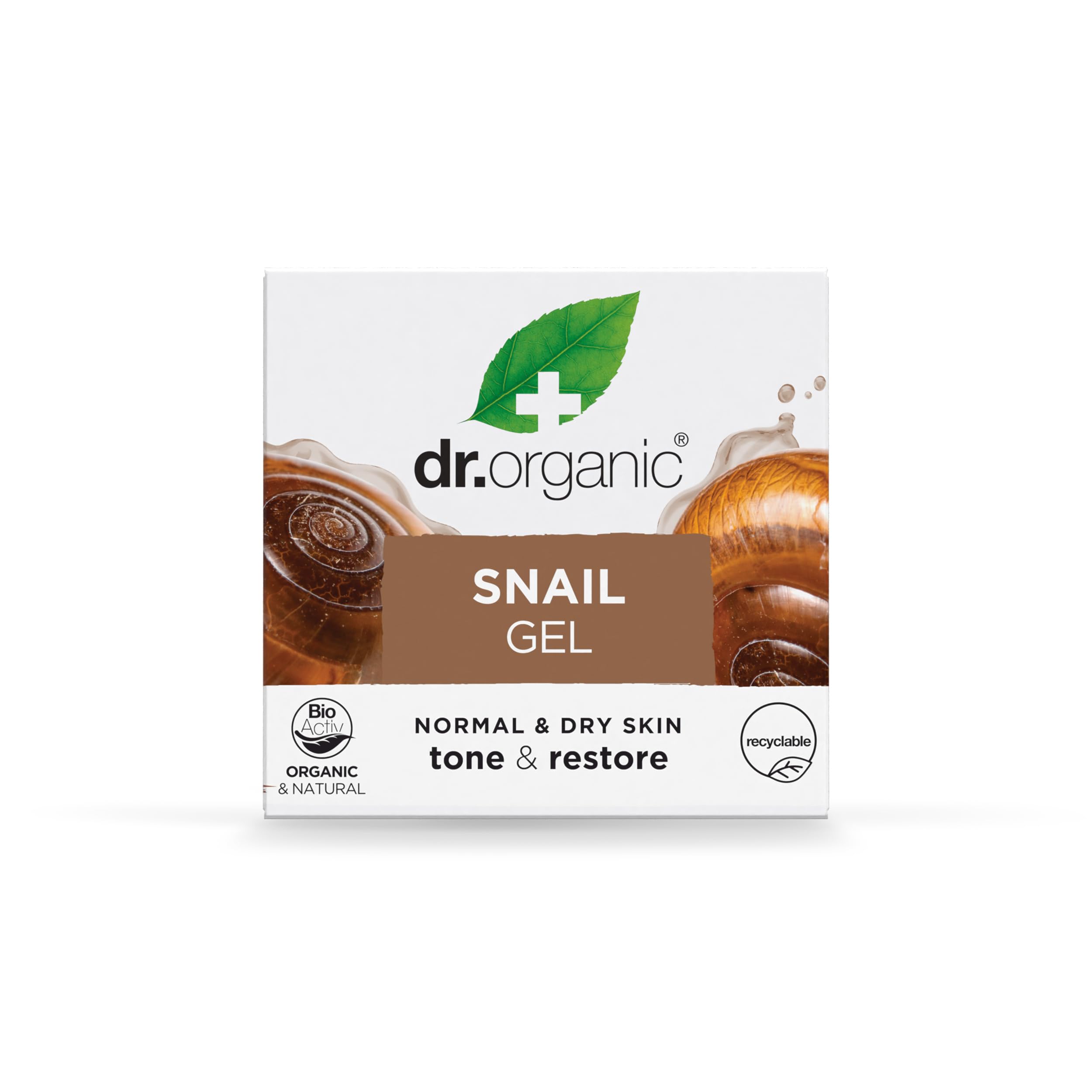 Dr. Organic Snail Gel bottle on a tidy bathroom counter