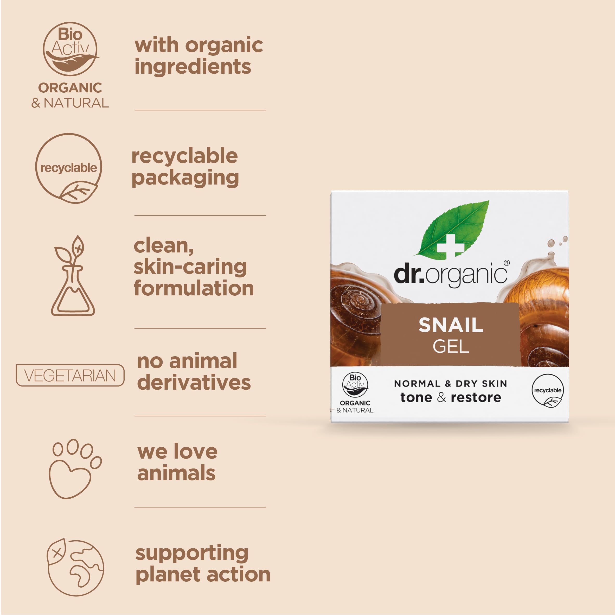 Dr. Organic Snail Gel ingredients label highlights organic snail gel formula for hydration