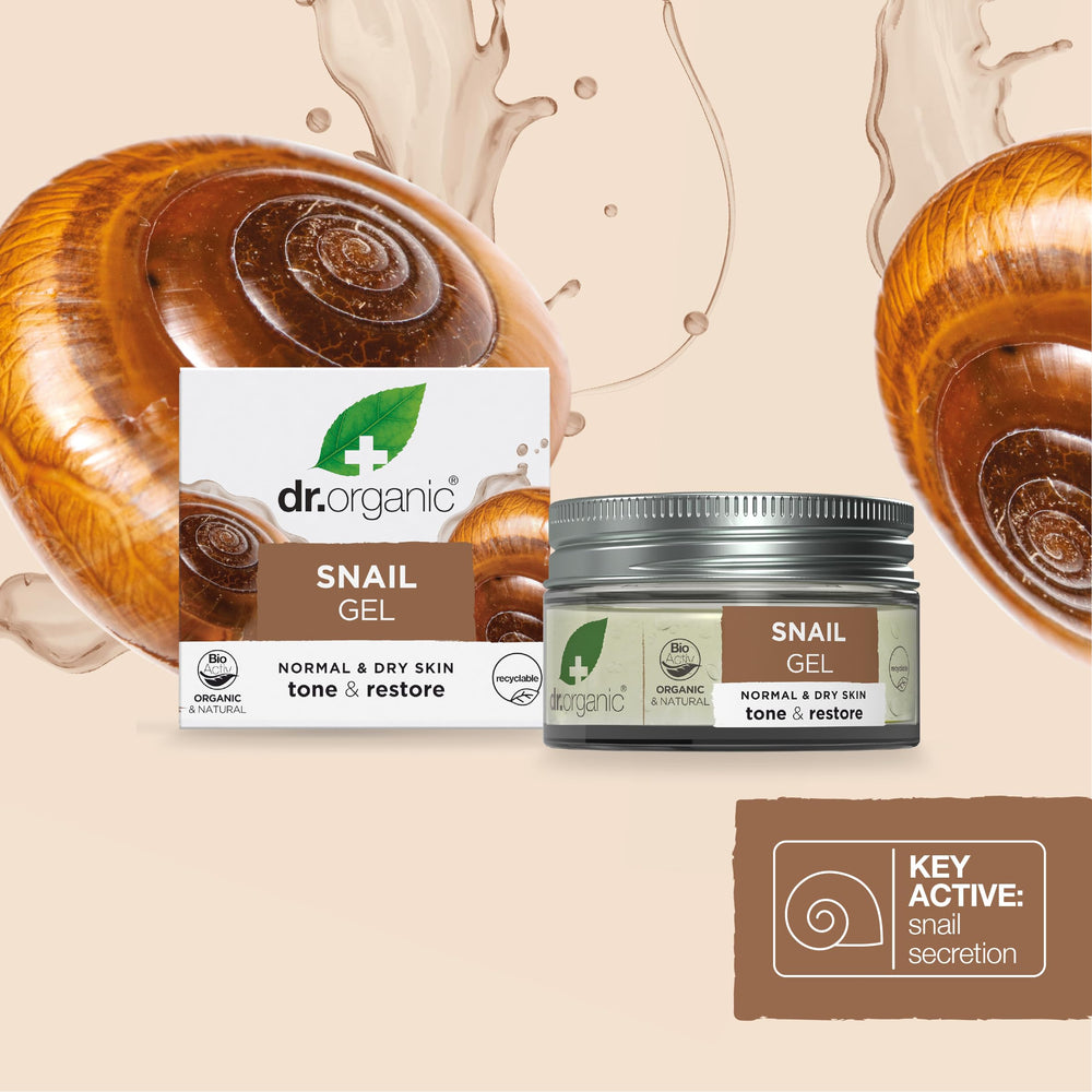 Open jar reveals smooth texture of Dr. Organic Snail Gel