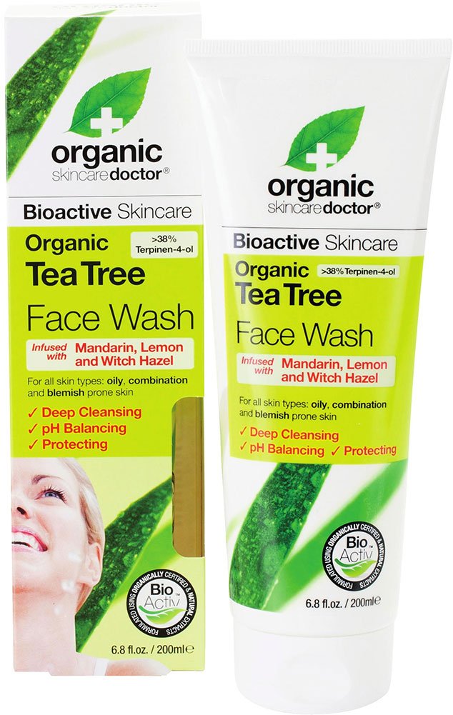 Dr. Organic Tea Tree Face Wash bottle, refreshing daily cleanser for clear, balanced skin.