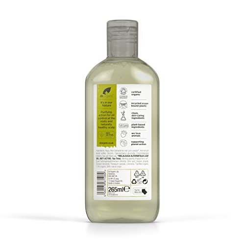 Dr. Organic Tea Tree Shampoo bottle back with ingredient notes