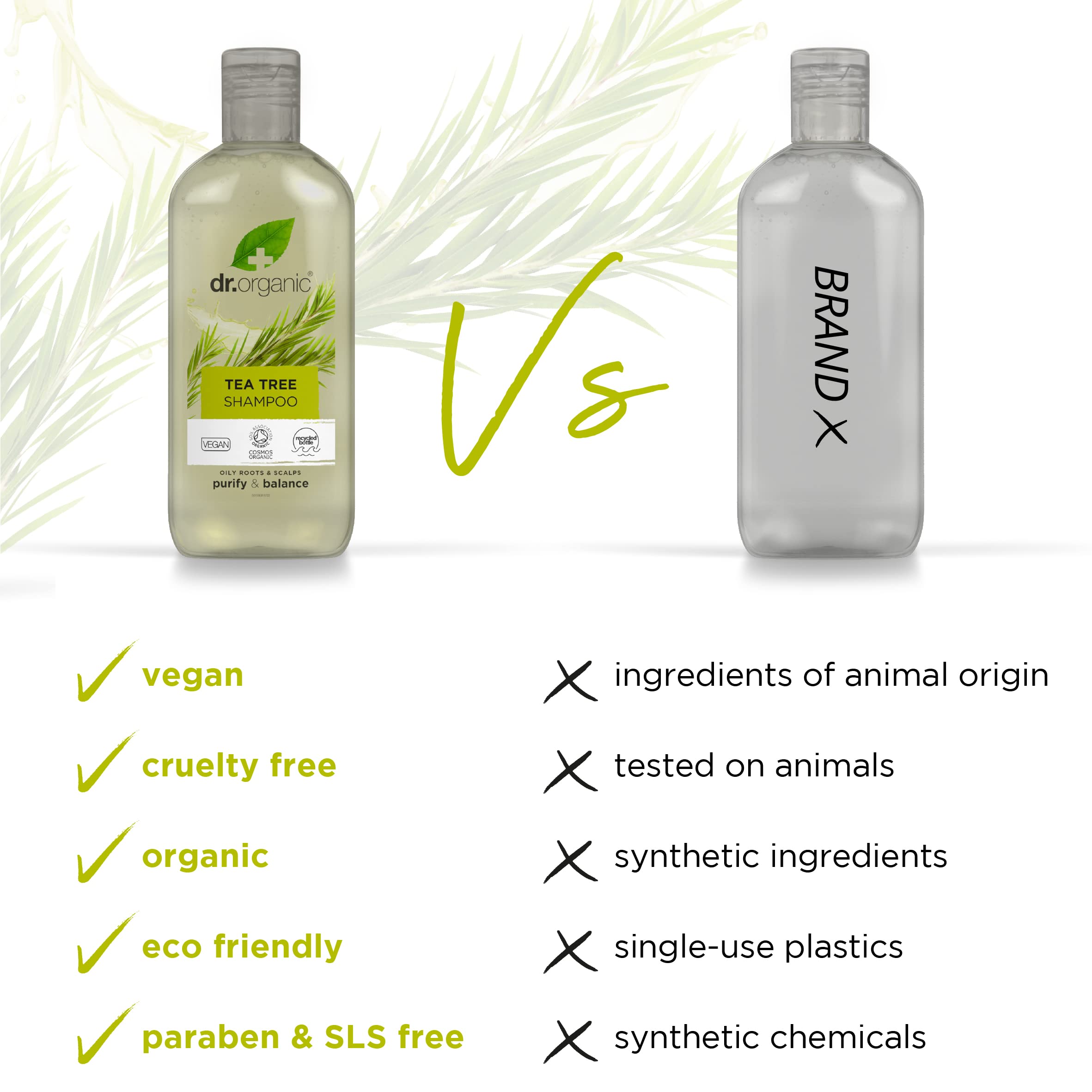 Cosmos-certified label visible on Dr. Organic Tea Tree Shampoo bottle