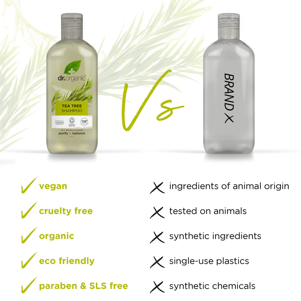 Cosmos-certified label visible on Dr. Organic Tea Tree Shampoo bottle