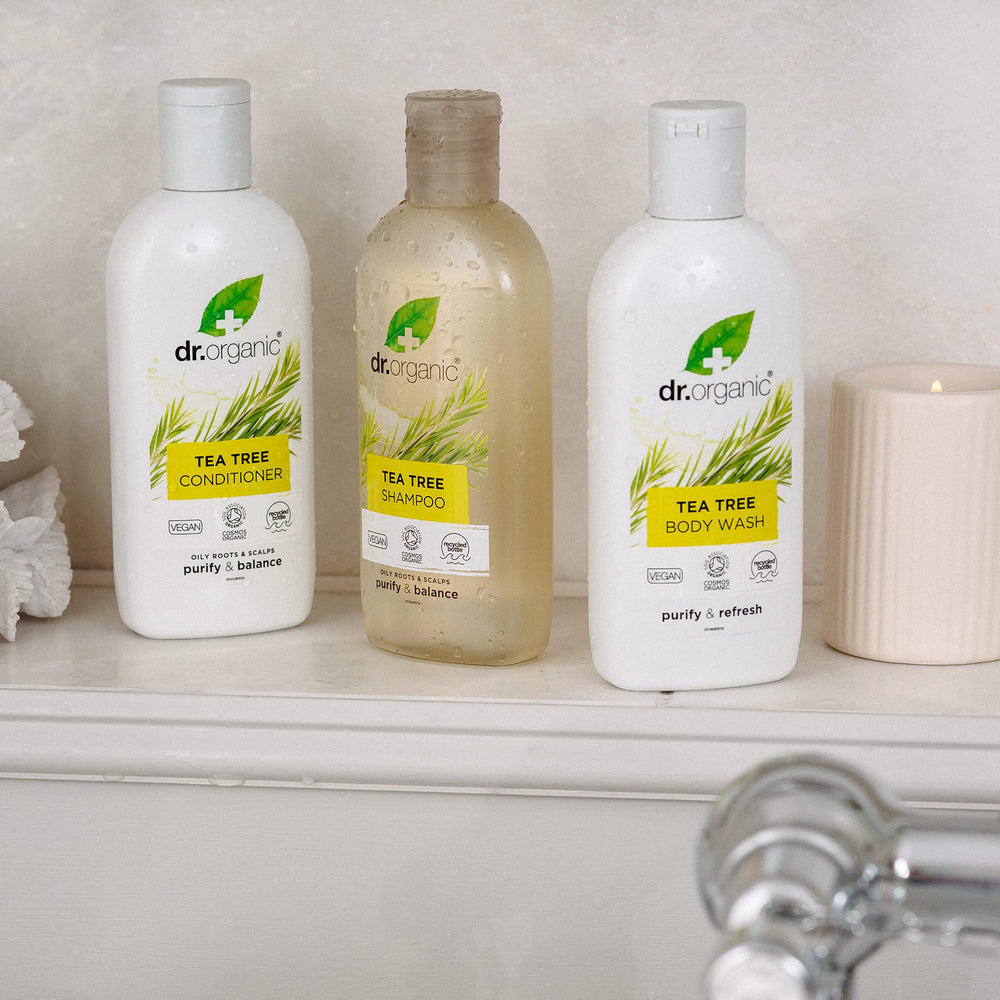 Eco-friendly packaging of Dr. Organic Tea Tree Shampoo