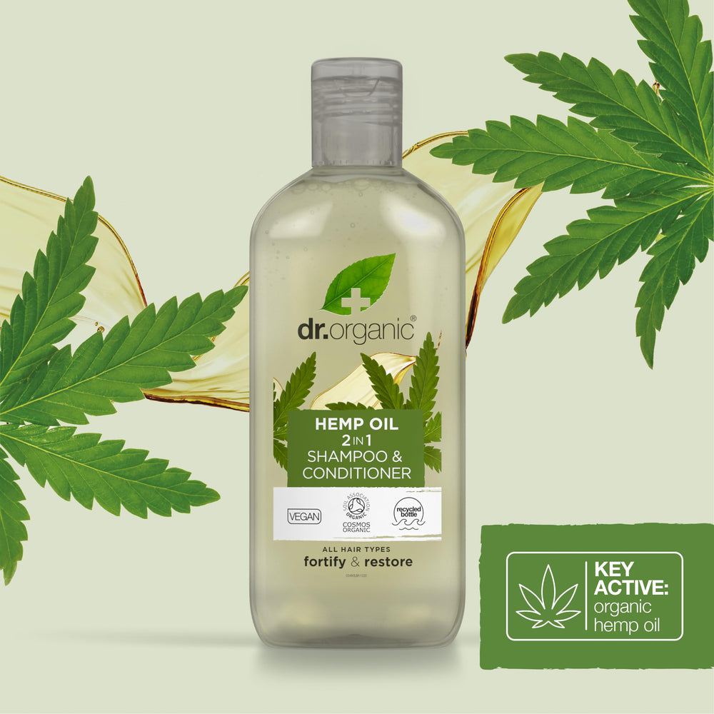 Vegan and cruelty-free icons for Dr Organic brand and hemp oil 2-in-1 product.