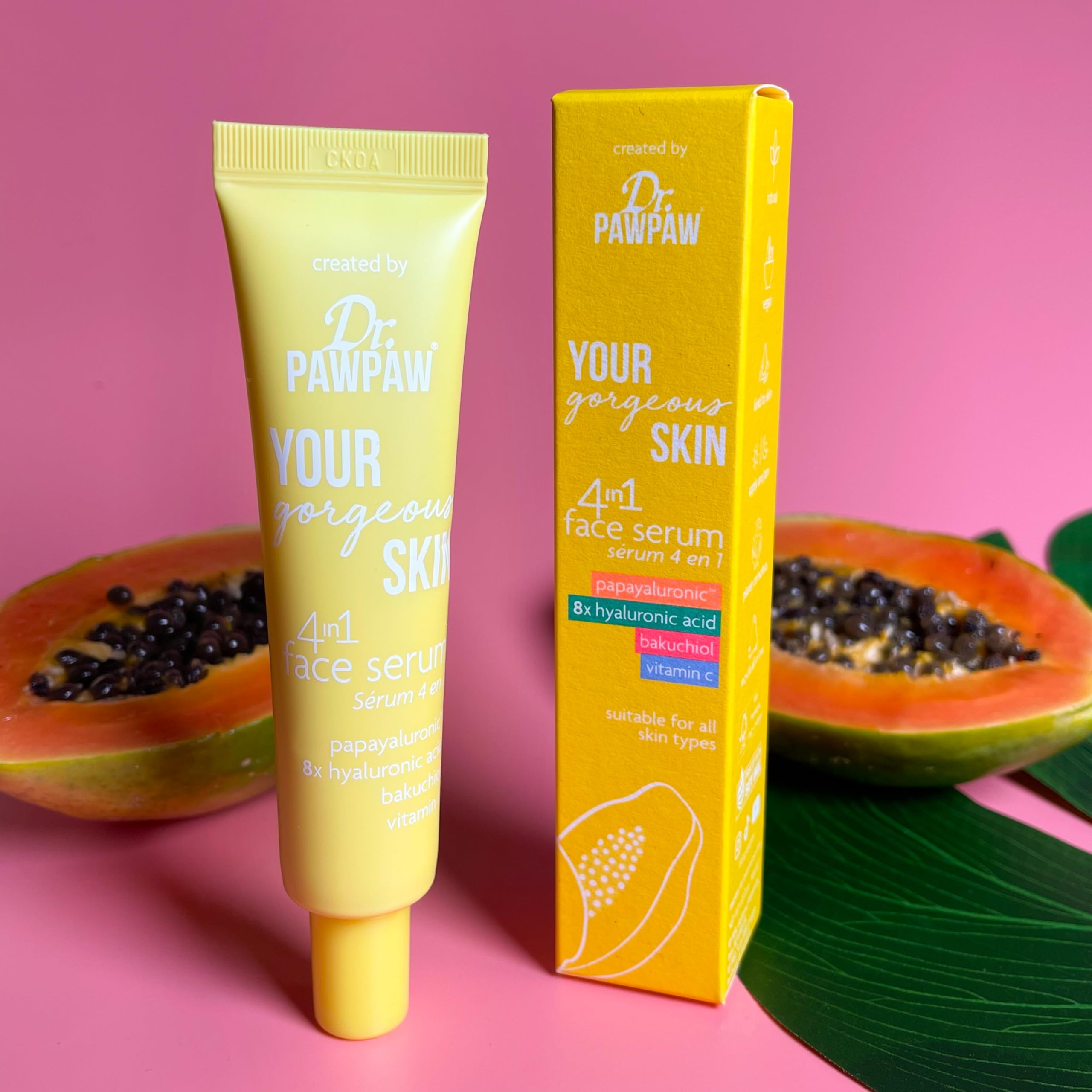 Dr. PawPaw serum packaging and box showcase premium skincare design.