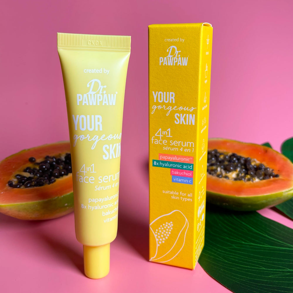 Dr. PawPaw serum packaging and box showcase premium skincare design.