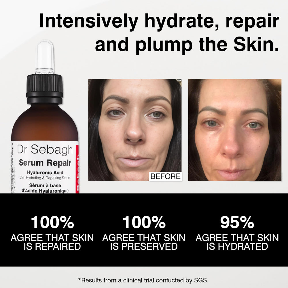 Graphic highlighting hydration and plumping potential of Dr Sebagh Serum Repair.