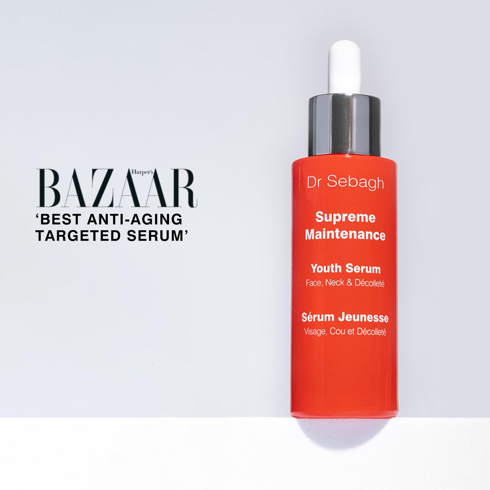 Dr Sebagh Supreme Maintenance Youth Serum on bathroom shelf beside skincare routine
