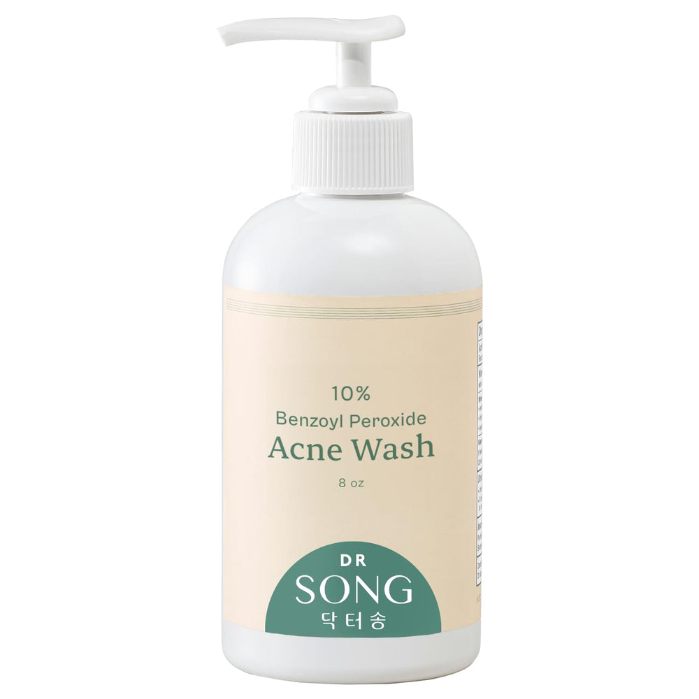Dr Song 10% benzoyl peroxide wash bottle for deep cleansing of acne-prone skin.