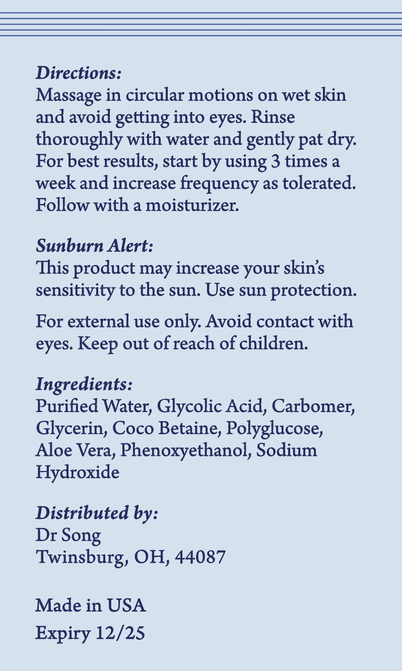 Dr Song Glycolic Face Wash label closeup emphasizes lab-grade purity and skincare benefits