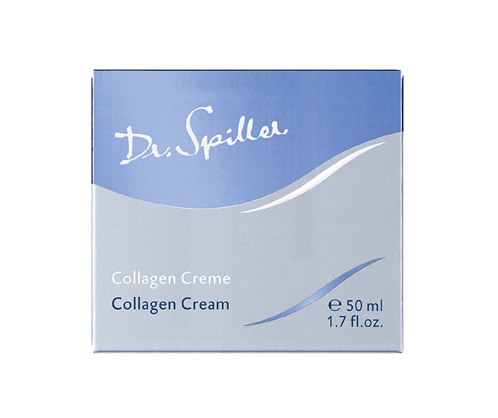Close-up of blue textured Collagen Cream showing soothing, fast-absorb formula