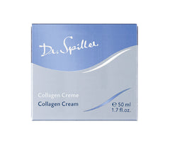 Close-up of blue textured Collagen Cream showing soothing, fast-absorb formula