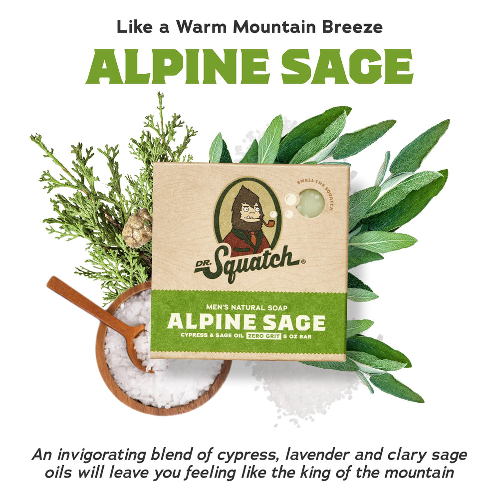 Dr. Squatch Alpine Sage bar soap closeup shows natural ingredients and earthy aroma.