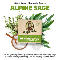 Dr. Squatch Alpine Sage bar soap closeup shows natural ingredients and earthy aroma.