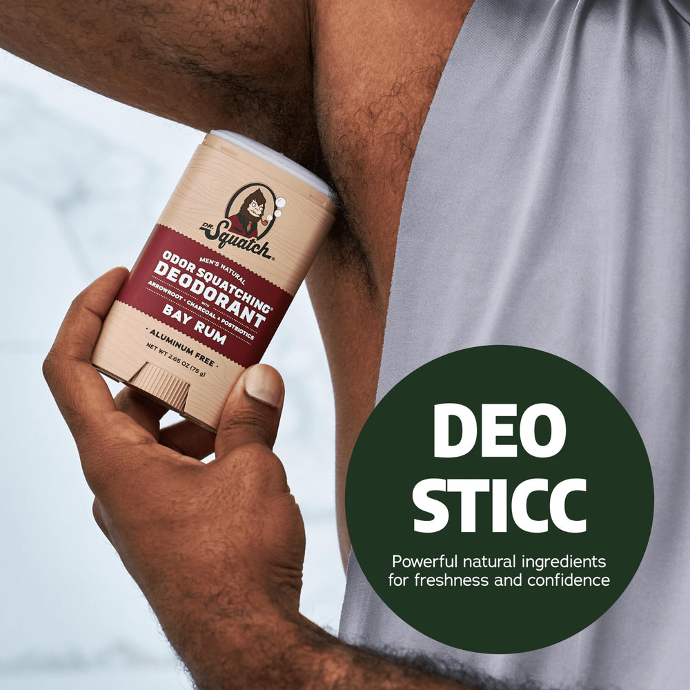 Dr. Squatch aluminum-free deodorant label close-up showing clean formula.