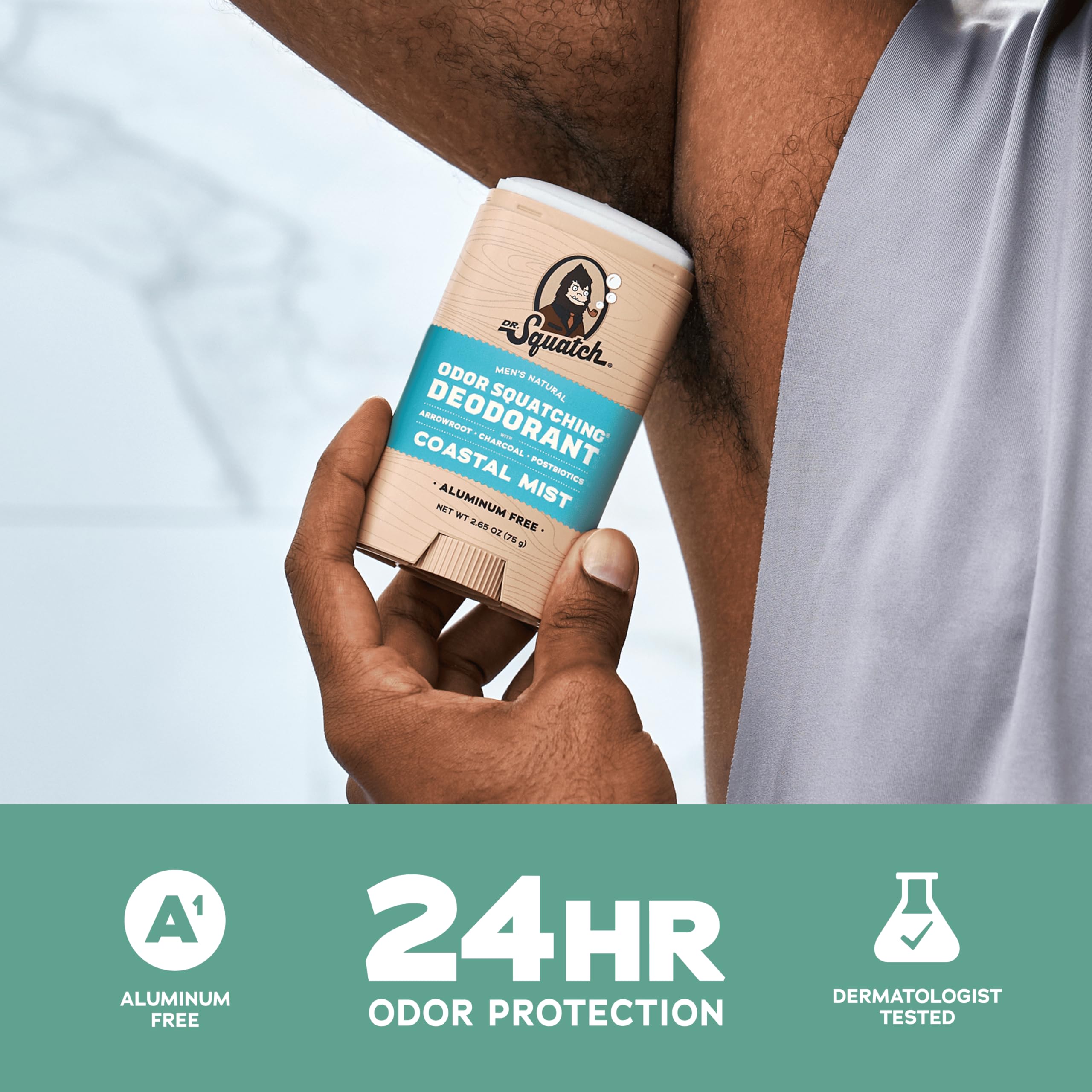 Dr. Squatch uses arrowroot, charcoal, and postbiotics to defend against odors.