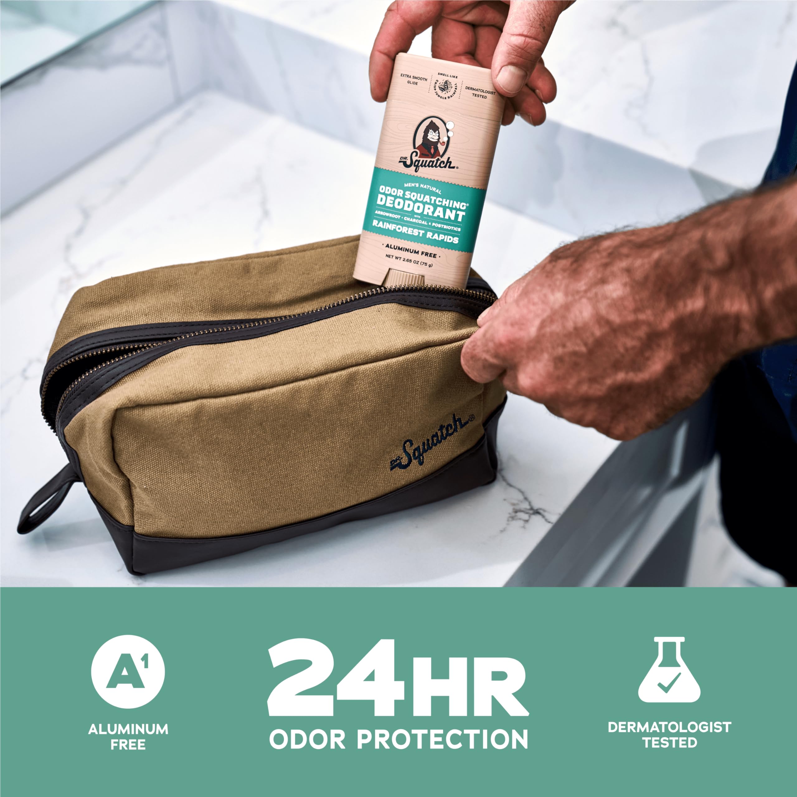 Dr. Squatch arrowroot powder demonstrates gentle moisture absorption for daily freshness.