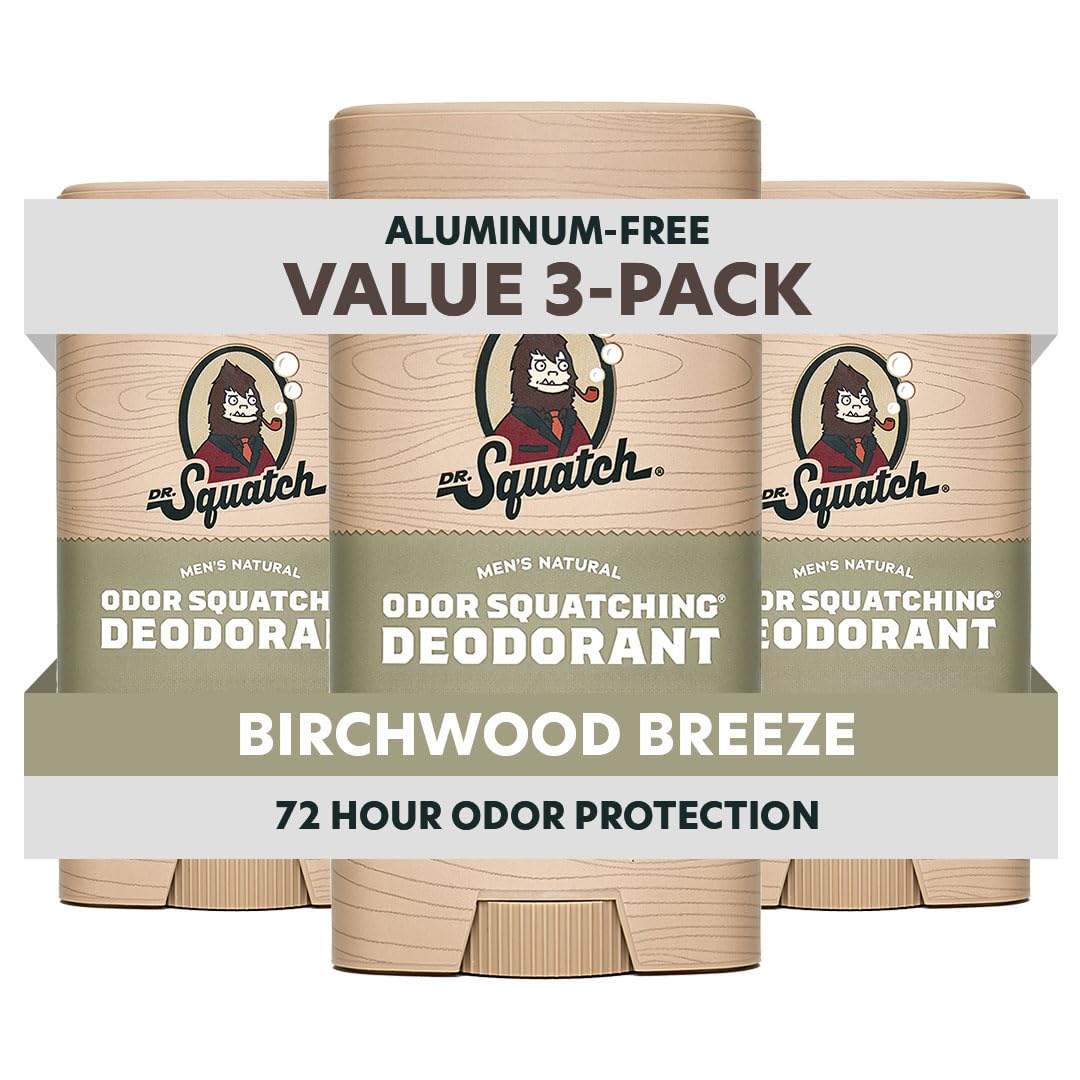 Dr. Squatch Birchwood Breeze 3-pack pack shot highlighting aluminum-free odor protection.