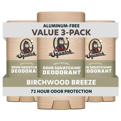 Dr. Squatch Birchwood Breeze 3-pack pack shot highlighting aluminum-free odor protection.