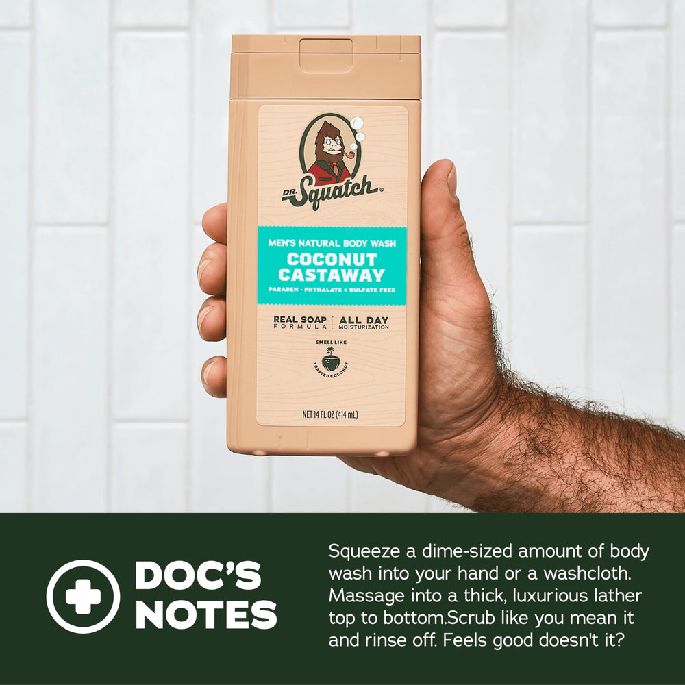 Dr. Squatch bottle pour shot reveals easy-to-use gel texture for quick showers.