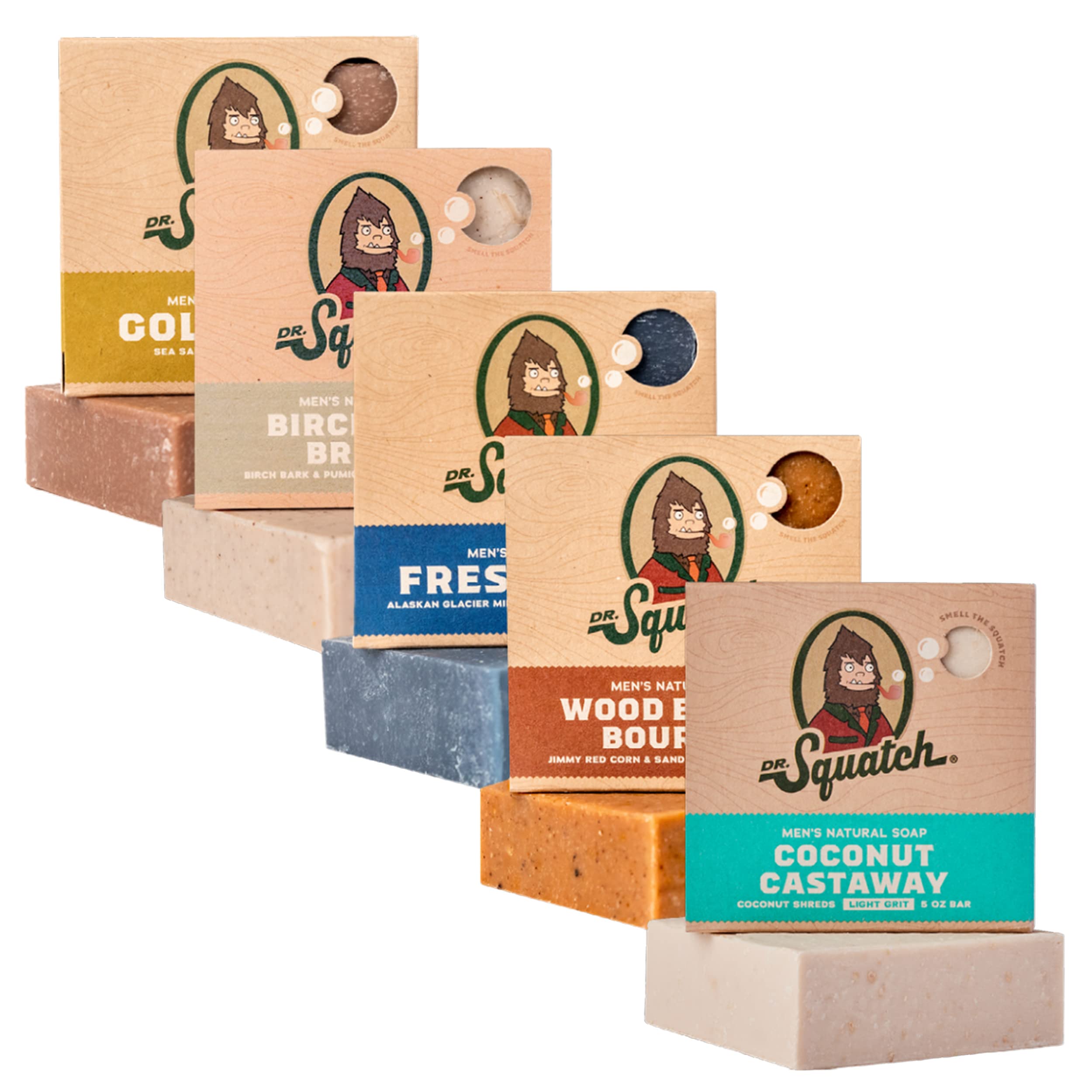 Dr. Squatch Coconut Castaway bar soap on display for a tropical cleansing experience.