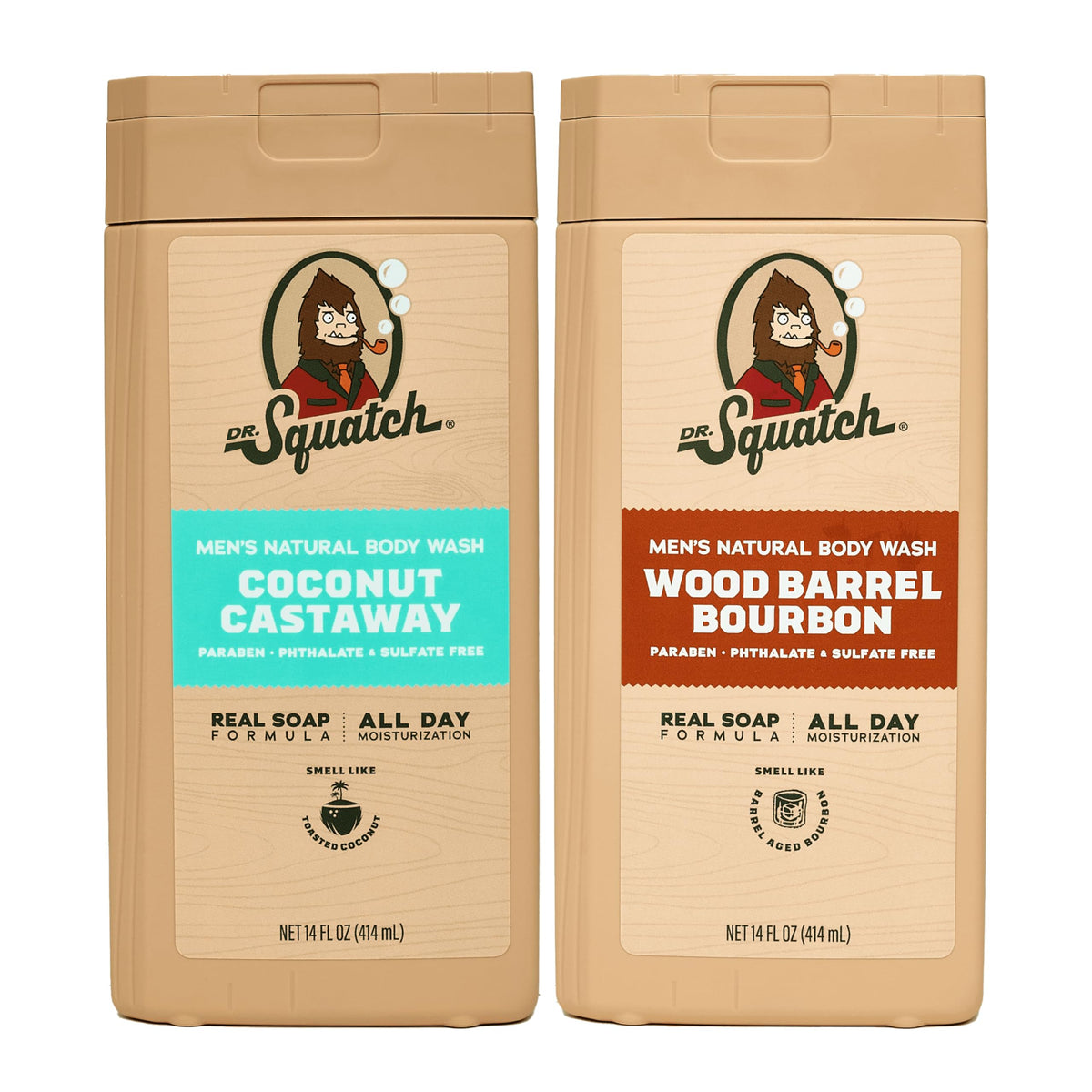 Dr. Squatch Coconut Castaway bottle highlights a refreshing cleanse with a lasting scent.