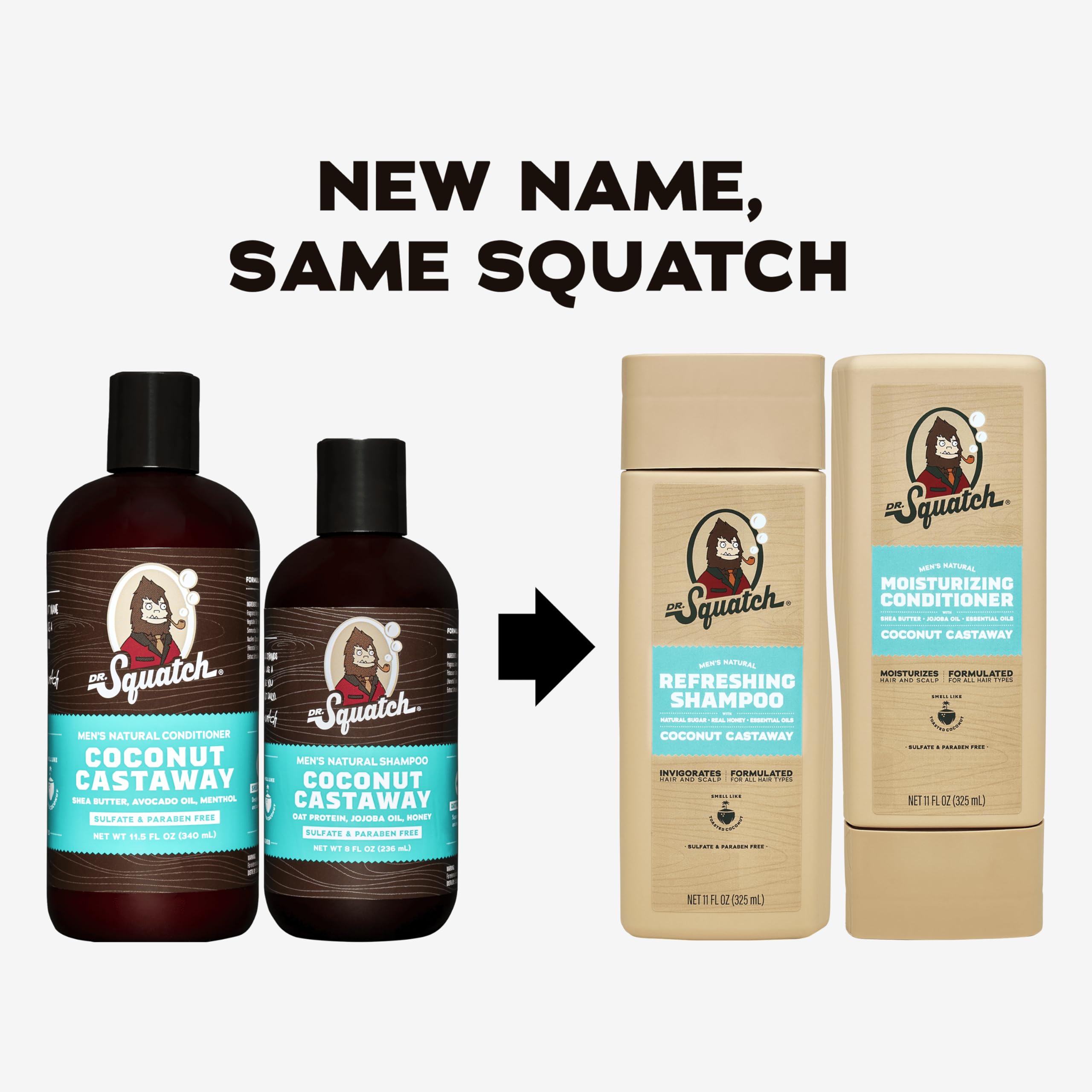 Dr. Squatch Coconut Castaway conditioner bottle for silky, smooth hair.