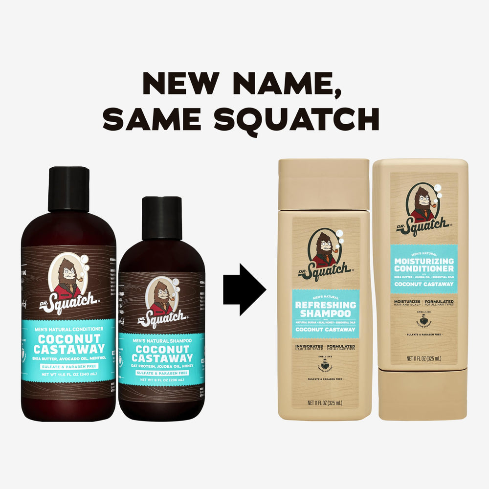 Dr. Squatch Coconut Castaway conditioner bottle for silky, smooth hair.