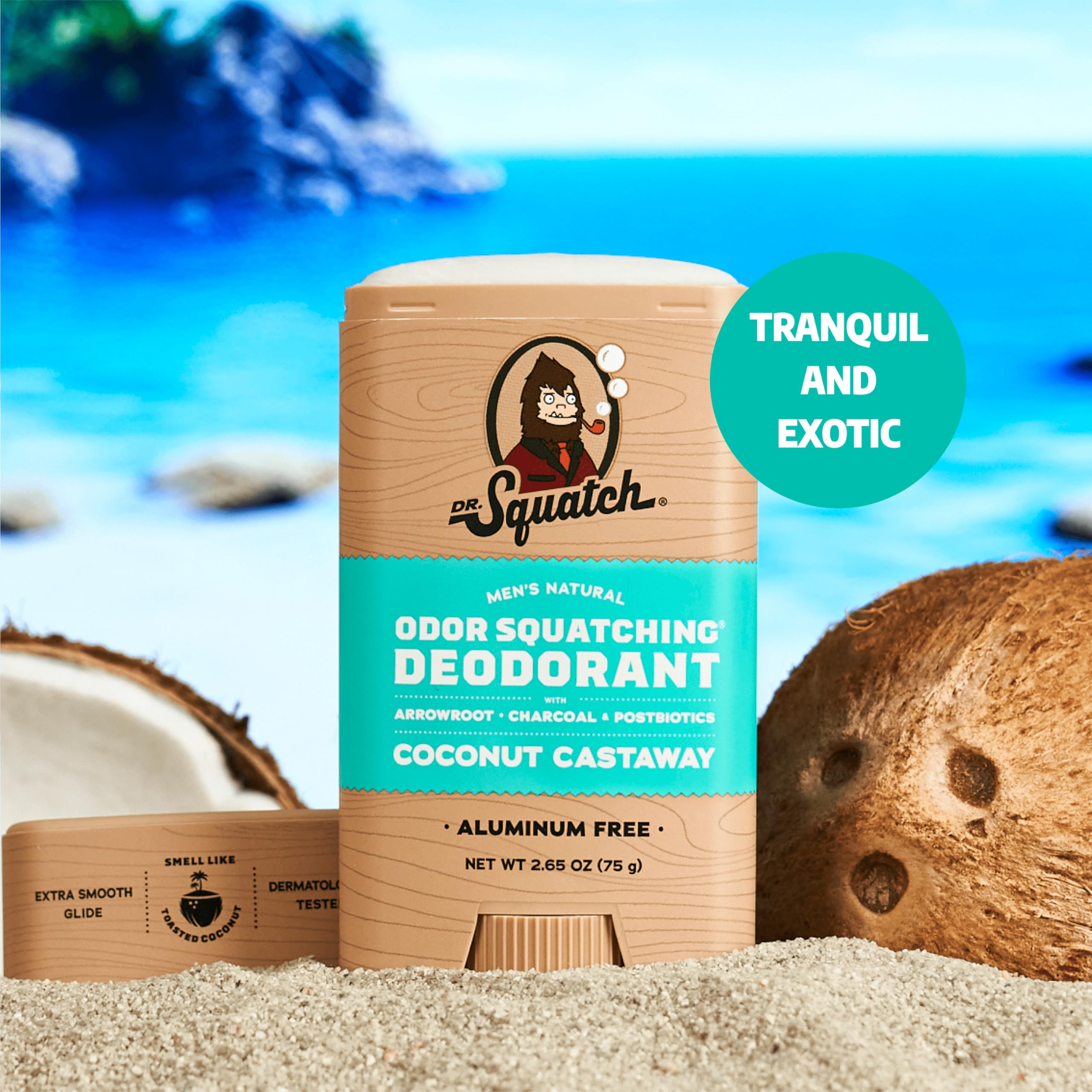 Dr. Squatch Coconut Castaway deodorant pack showing aluminum-free protection.