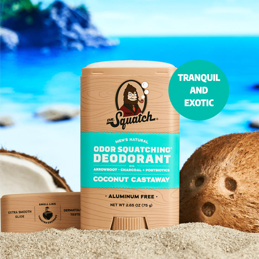 Dr. Squatch Coconut Castaway deodorant pack showing aluminum-free protection.